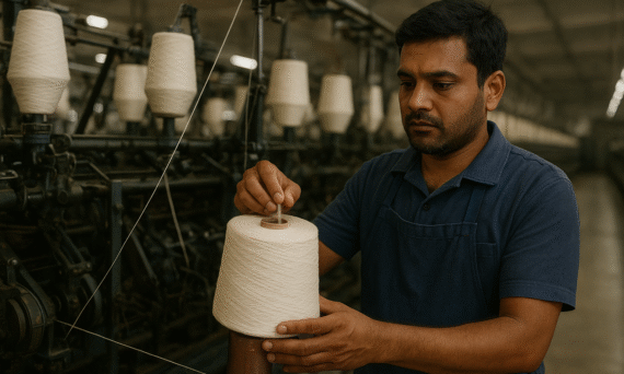 A textile worker operating a spinning machine in a factory, manufacturing recycled cotton yarn from raw fibers, showcases India’s sustainable textile production process.