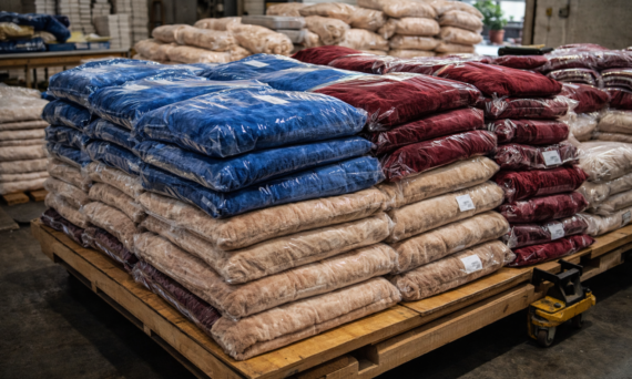 Large-scale mink blanket manufacturing with packed blankets ready for bulk dispatch.