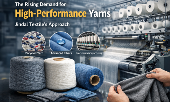 Close-up of yarn production with recycled fibers and spinning equipment