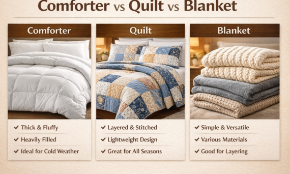 Cozy bed infographic illustrating comforter, quilt, and blanket with key highlights.