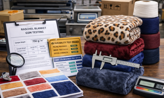 Raschel blankets displayed with testing instruments for weight and durability