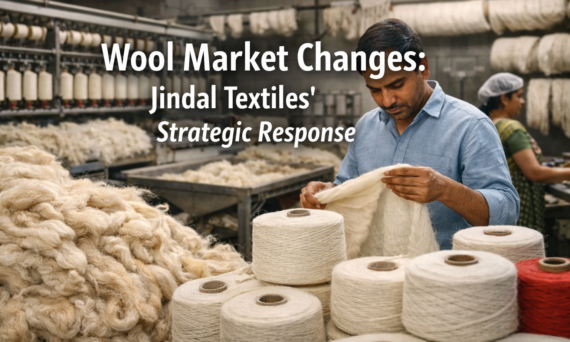 Textile workers inspecting wool yarn during manufacturing process in India