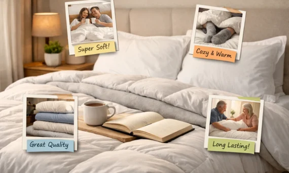 Cozy white comforter neatly arranged on a modern bed with customer review snapshots highlighting softness, warmth, and durability.