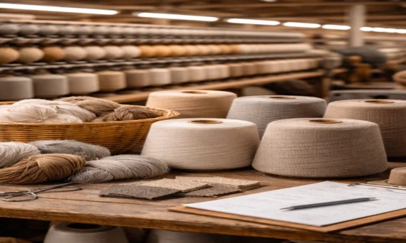 Detailed workspace in a textile mill featuring soft-toned yarn cones and material samples prepared for production.