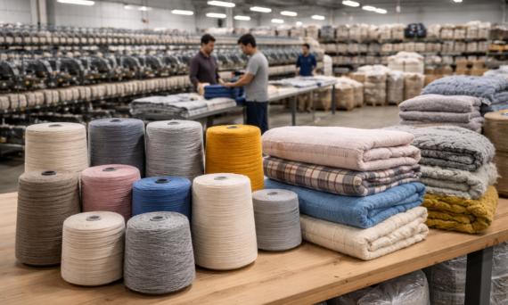 Textile factory with yarn cones and folded blankets on table