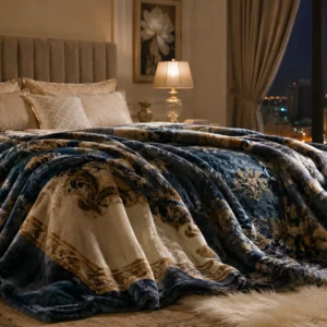 Warm luxury bedroom featuring soft blanket and skyline at night