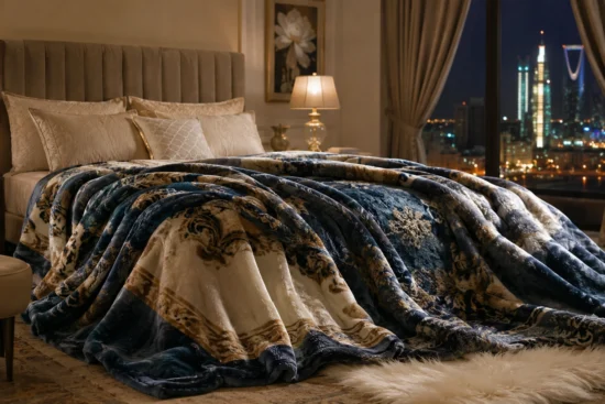 Warm luxury bedroom featuring soft blanket and skyline at night