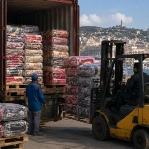 Port logistics scene with forklift moving blankets from container
