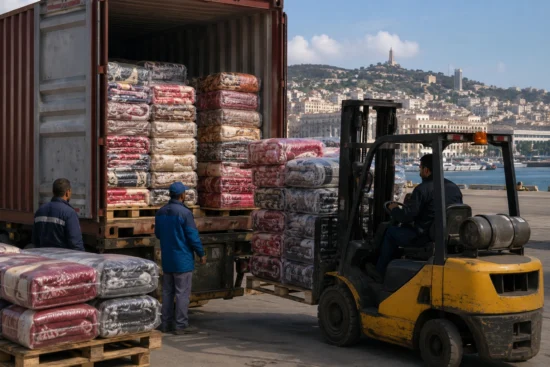 Port logistics scene with forklift moving blankets from container