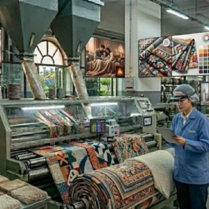 Manufacturing line producing soft, patterned gift-ready blankets.