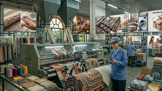 Manufacturing line producing soft, patterned gift-ready blankets.