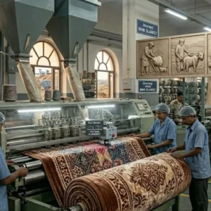 Finished mink blankets being rolled and inspected in a factory