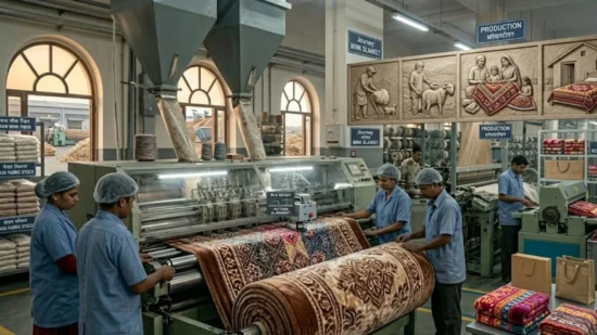 Finished mink blankets being rolled and inspected in a factory