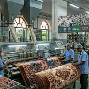 Retail-ready mink blankets on a modern factory production line