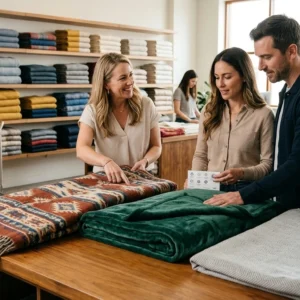 Saleswoman points at patterned blanket for customers.