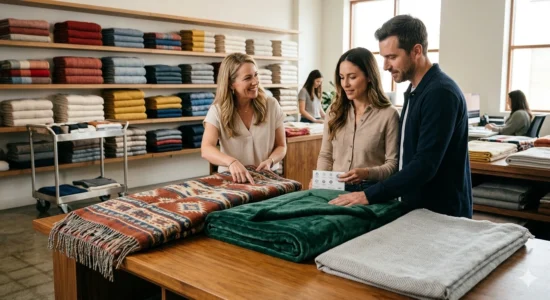 Saleswoman points at patterned blanket for customers.