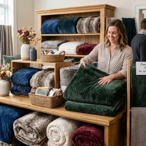Store display of various colored and textured wholesale mink blankets.