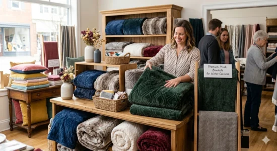 Store display of various colored and textured wholesale mink blankets.