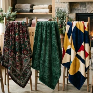 Five patterned fleece blankets displayed on wooden stands.