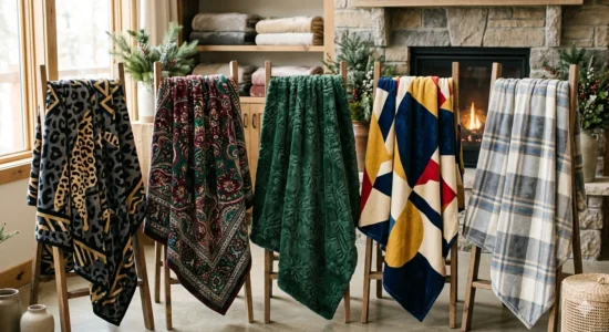 Five patterned fleece blankets displayed on wooden stands.