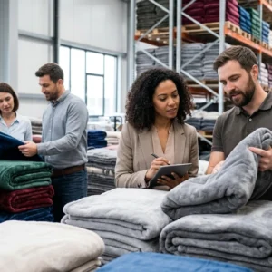 Team assessing blanket inventory for sale in a distribution center.