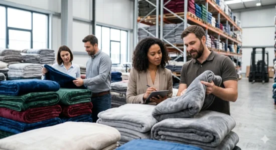 Team assessing blanket inventory for sale in a distribution center.