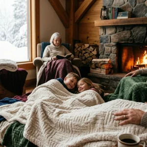 Family cozy with knit blankets by fireplace and snowy window.