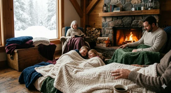 Family cozy with knit blankets by fireplace and snowy window.