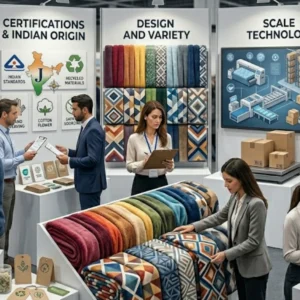 Textile industry display showcasing comforter quality, variety, and partnerships