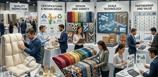 Textile industry display showcasing comforter quality, variety, and partnerships
