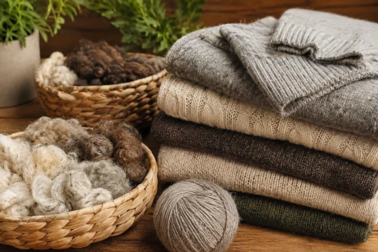 Sustainable wool fabrics and recycled yarn display