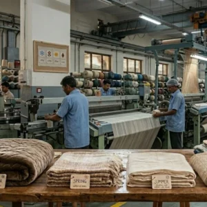 Textile factory floor with workers and a display of blankets