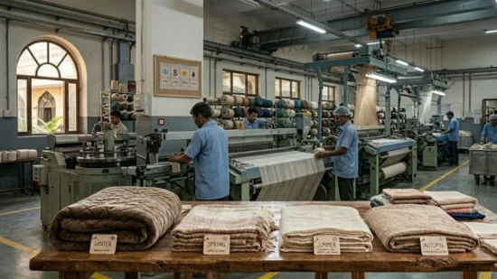 Textile factory floor with workers and a display of blankets