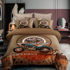 Stylish motorcycle-themed comforter set in a modern bedroom