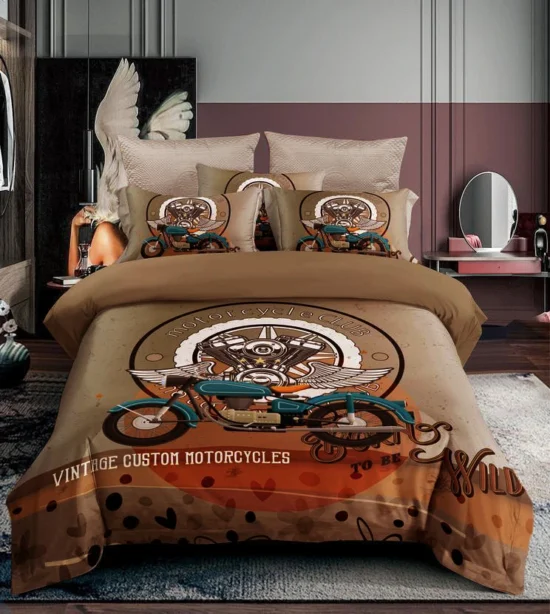 Stylish motorcycle-themed comforter set in a modern bedroom