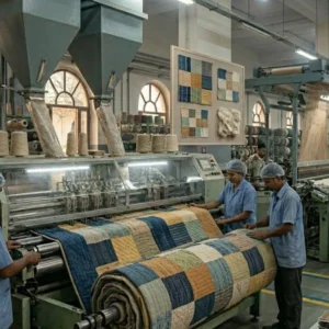 Textile factory workers process eco-friendly fabric for quilts.