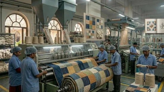Textile factory workers process eco-friendly fabric for quilts.