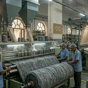 Industrial weaving machines produce fabric from spools of yarn