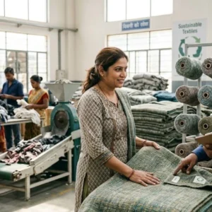 A buyer and factory man inspect a recycled yarn