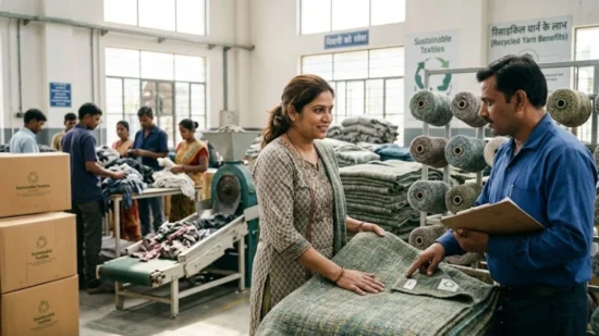 A buyer and factory man inspect a recycled yarn