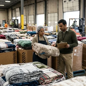 Inspecting stacked winter blankets in a large warehouse.