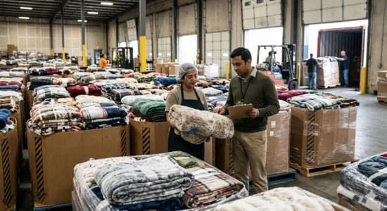 Inspecting stacked winter blankets in a large warehouse.