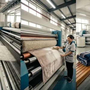 An operator monitors a machine for finishing soft blankets.