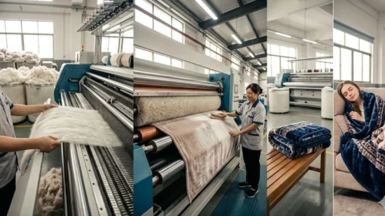 An operator monitors a machine for finishing soft blankets.