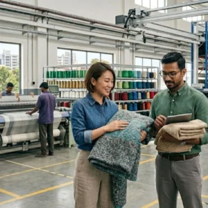 Textile factory floor with workers and manager