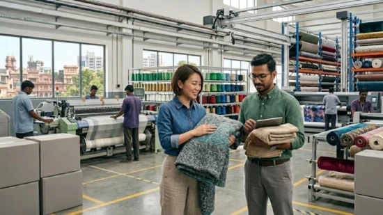 Textile factory floor with workers and manager