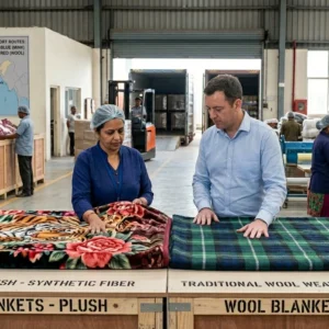 A woman and man inspect a wool blanket vs mink blanket in a factory.