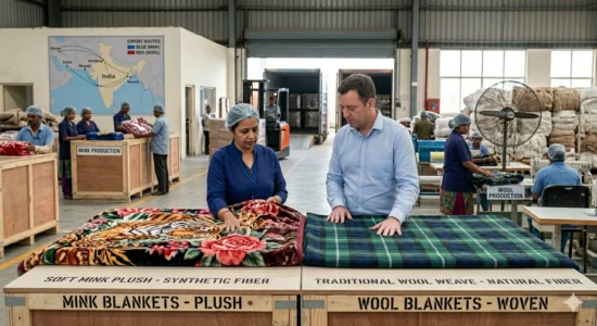 A woman and man inspect a wool blanket vs mink blanket in a factory.