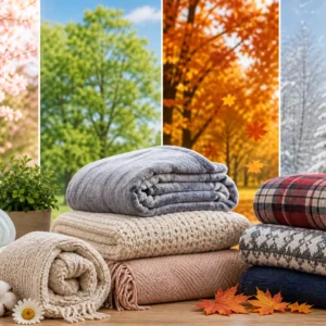 Seasonal blanket display showing cozy textiles for spring, summer, autumn and winter retail trends.