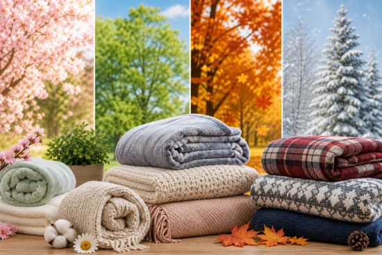Seasonal blanket display showing cozy textiles for spring, summer, autumn and winter retail trends.